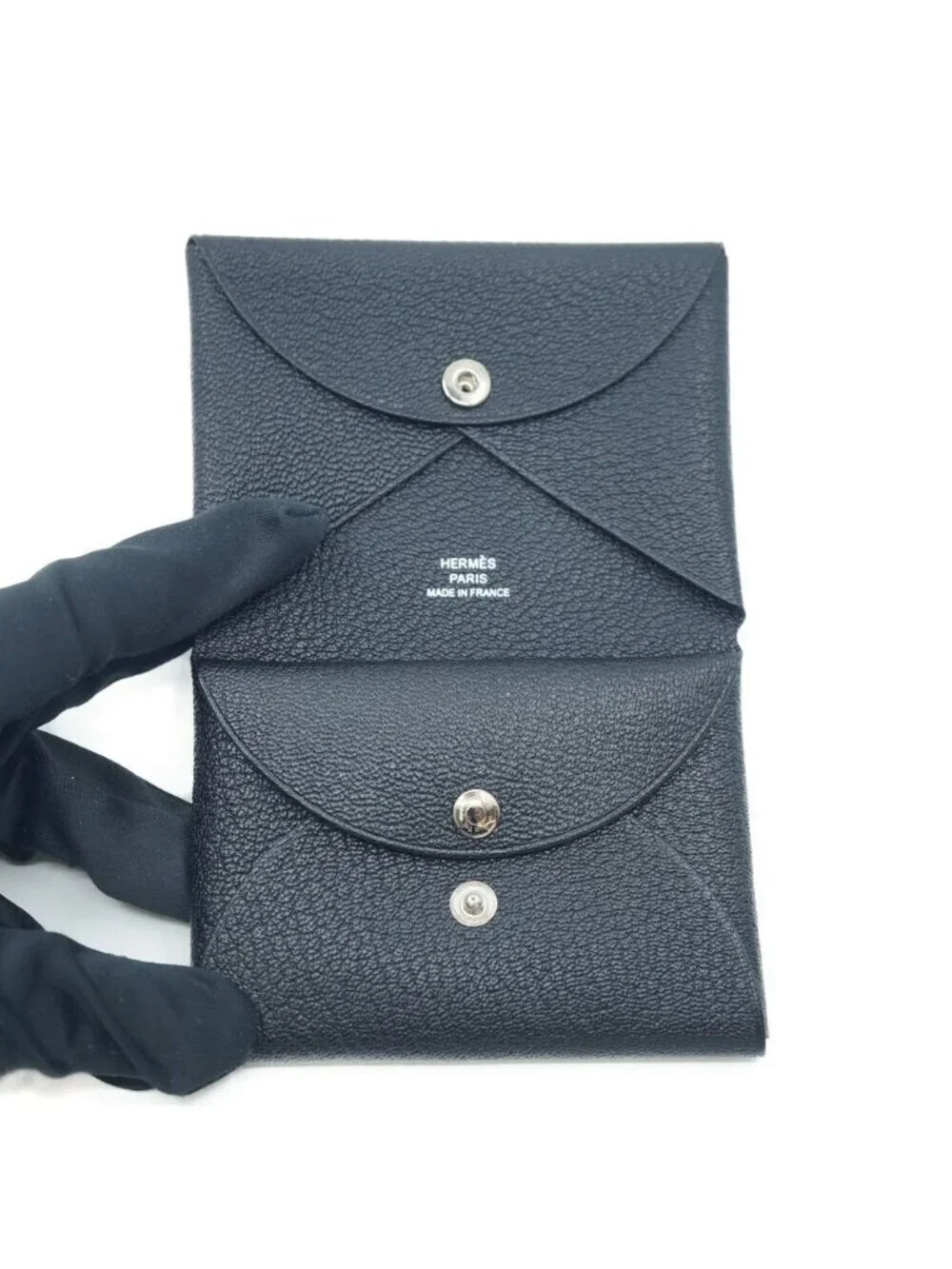 Hermes Calvi Duo Leather Black Silver Coin Case Box